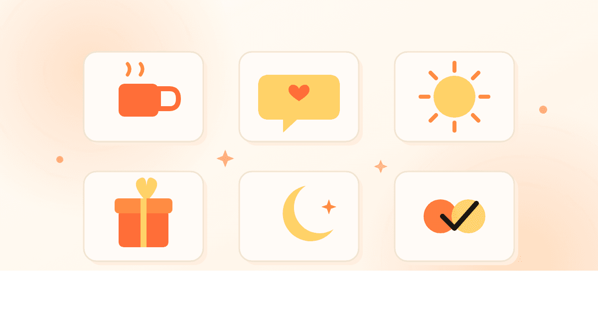 Illustration grid of tiny couple habit icons: coffee mug, love message bubble, morning sun, gift, moon, and a shared checkmark