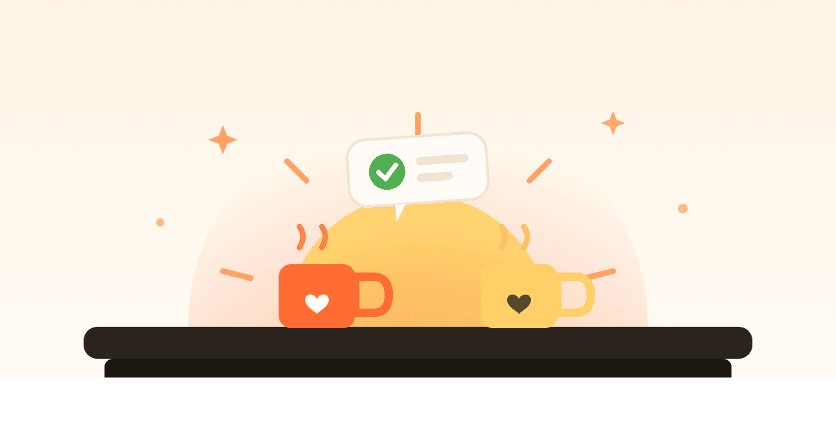 Illustration of two coffee mugs with hearts on a kitchen counter at sunrise, with a completed check-in notification above