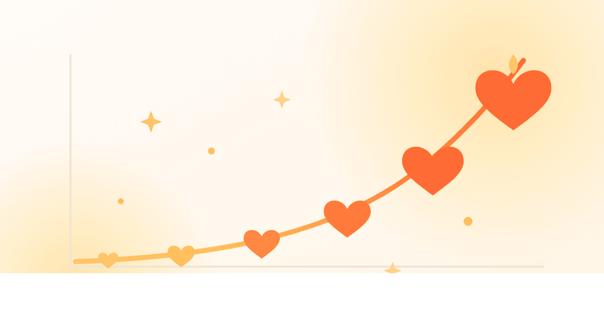 Illustration of small hearts growing larger along an upward compound-interest curve, in warm coral and gold tones