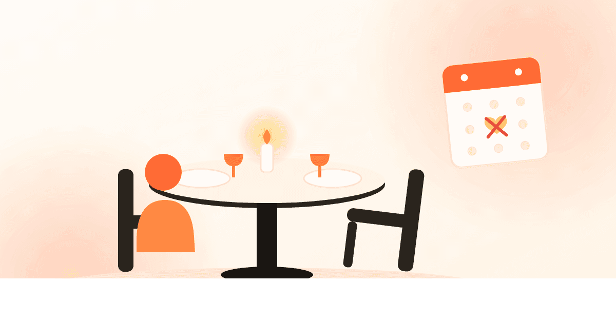 Illustration of a candlelit dinner table with one empty chair and a calendar showing a crossed-out date night