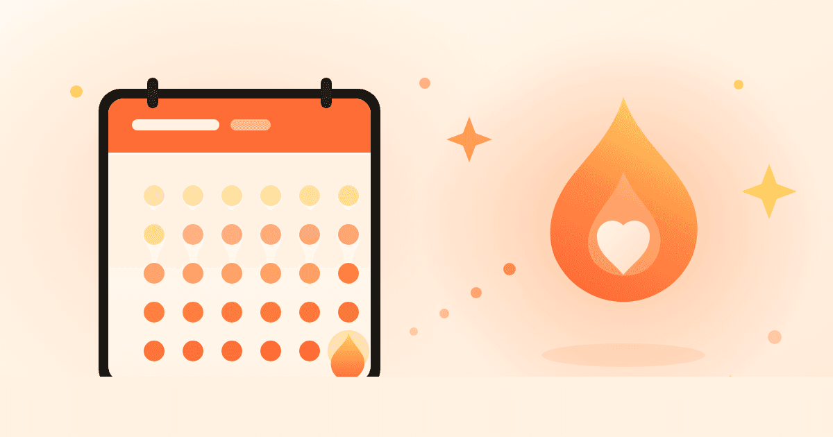 Illustration of a 30-day calendar filling with warm coral marks that grow into a flame and heart on day 30